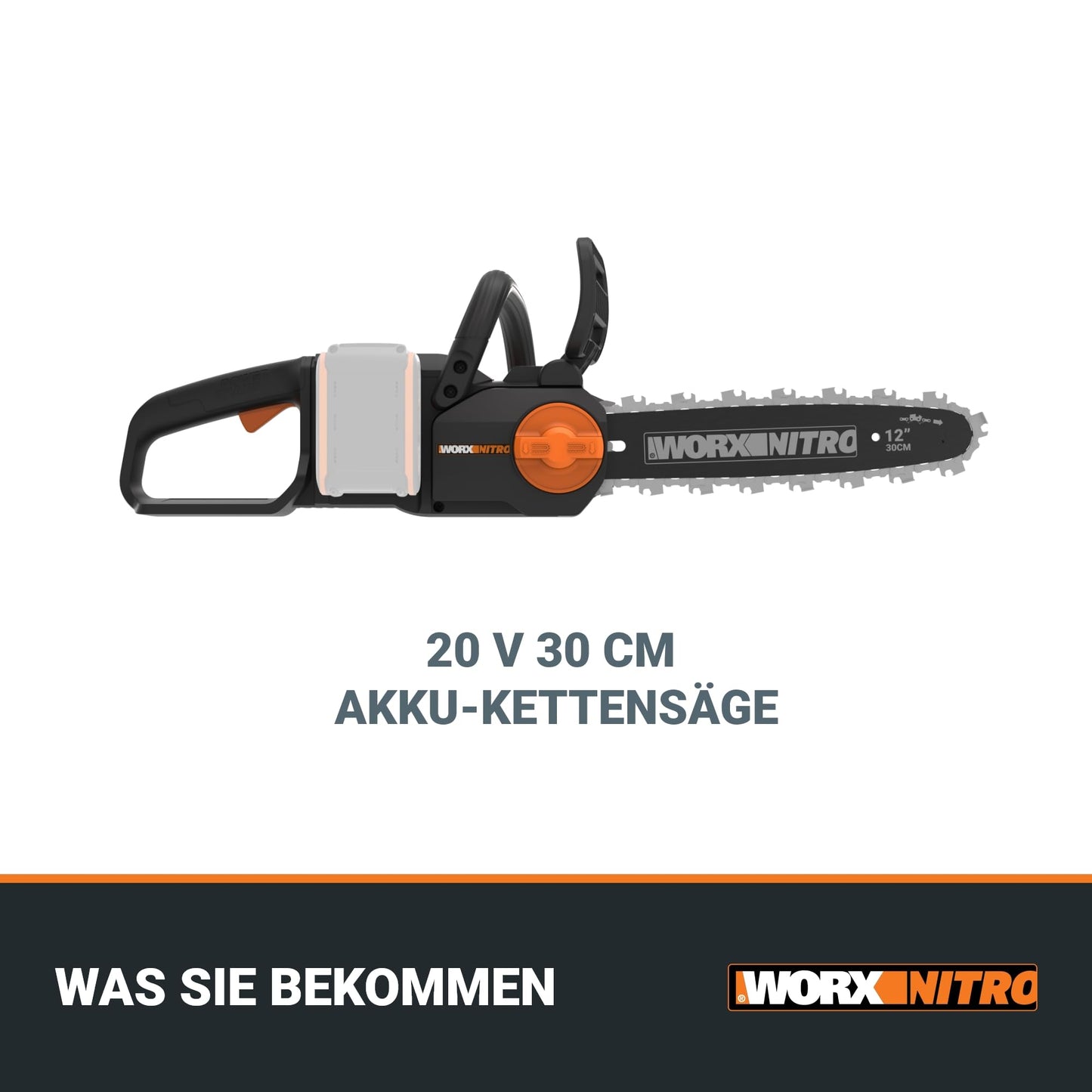 WORX WG350E.9 Nitro Profi Akku Kettensäge 20V – leistungsstarke Holzsäge – 10m/s – 30cm Schnittlänge – kompakt & sicher – automatische Schmierung – einfache Ketten-Verspannung – ohne Akku & Ladegerät