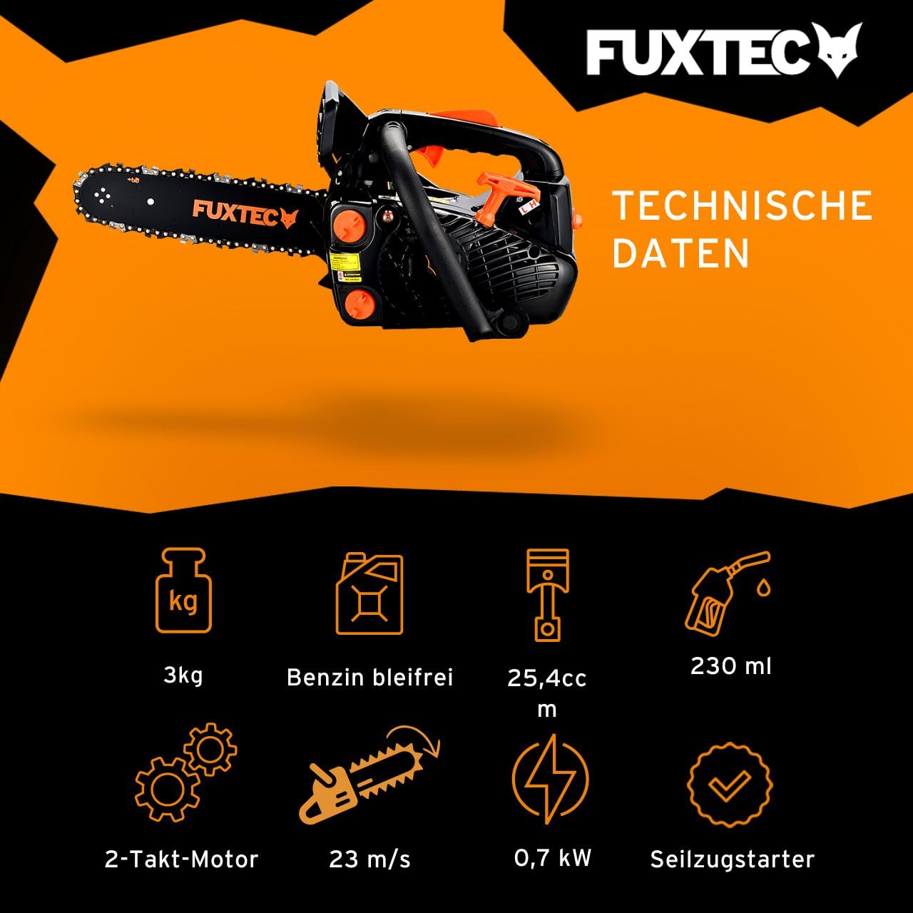 FUXTEC Benzin Baumpflegesäge FX-KS226 Kettensäge 25,4ccm – Schwertlänge 30cm – Motorsäge Top Handle/Einhandsäge