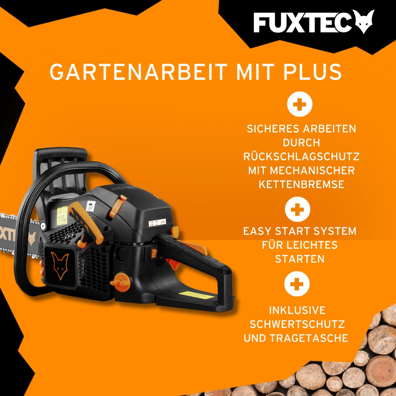 FUXTEC Benzin Kettensäge FX-KS255 – Motorsäge 2,3kw 54ccm Hubraum & EASY-Start – Schwertlänge 52cm inkl. Schwertschutz & Tragetasche