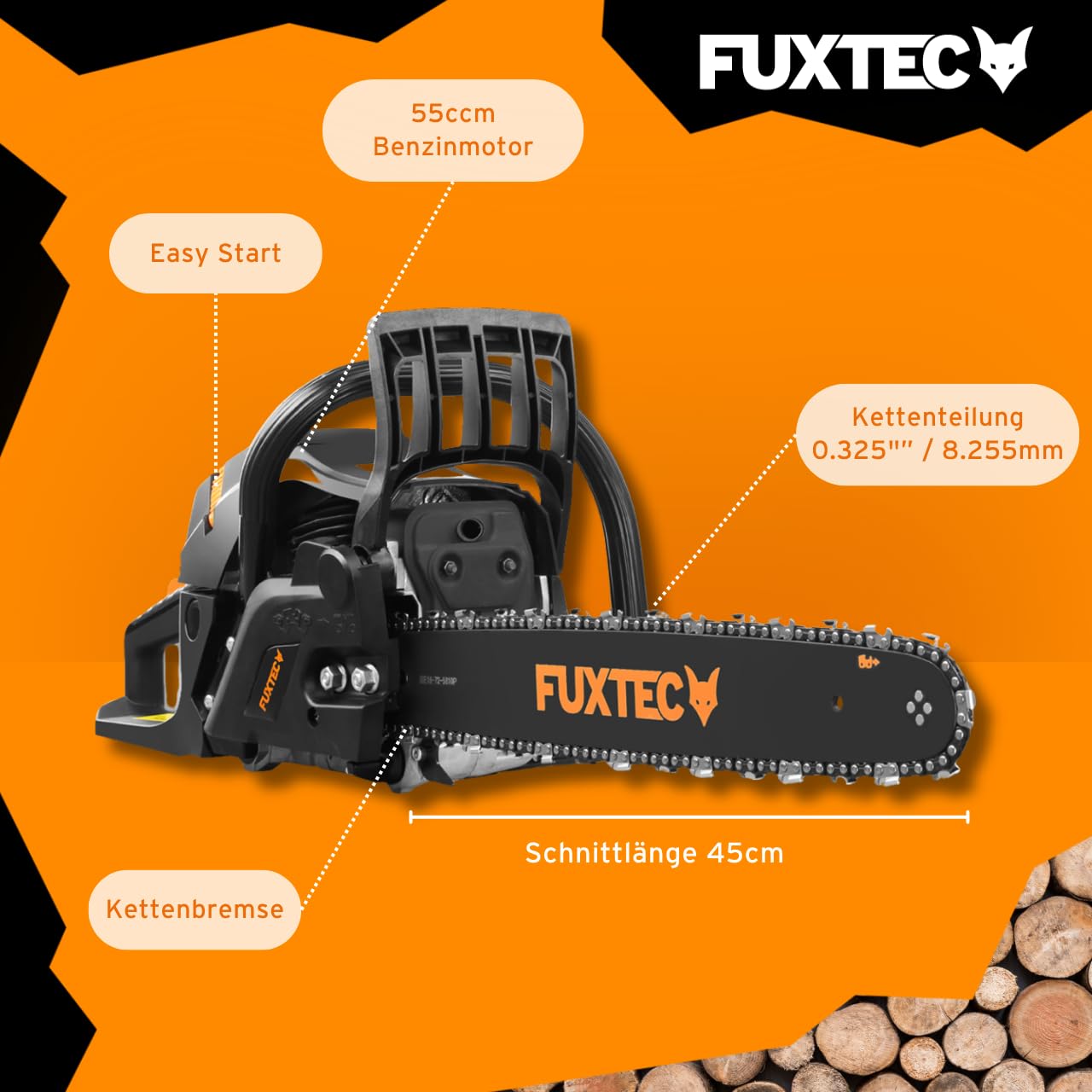 FUXTEC Benzin Kettensäge FX-KS255 – Motorsäge 2,3kw 54ccm Hubraum & EASY-Start – Schwertlänge 52cm inkl. Schwertschutz & Tragetasche