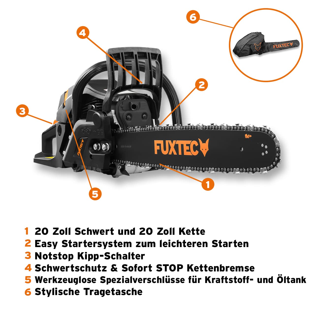 FUXTEC Benzin Kettensäge FX-KS262 – Motorsäge 2,85kw 61,5ccm Hubraum & EASY-Start – Schwertlänge 20 Zoll inkl. Schwertschutz & Tragetasche