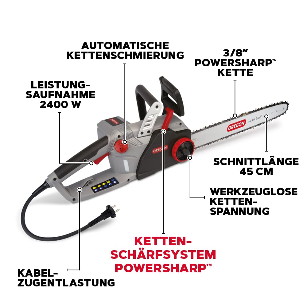 Oregon 2400W kabelgebundene Elektro-Kettensäge mit 18 Zoll (45 cm) Führungsschiene, rückschlagarme Motorsäge, integriertes Selbstschärfungssystem (PowerSharp) 3 Jahre Garantie (CS1500)