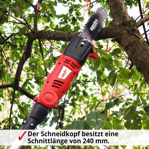 HECHT Elektro-Hochentaster 971 W Ast-Kettensäge Profi-Astsäge Teleskop Motorsäge inkl. Tragegurt (750 Watt, Schwertlänge: 24 cm, Arbeitshöhe: bis ca 4 m)