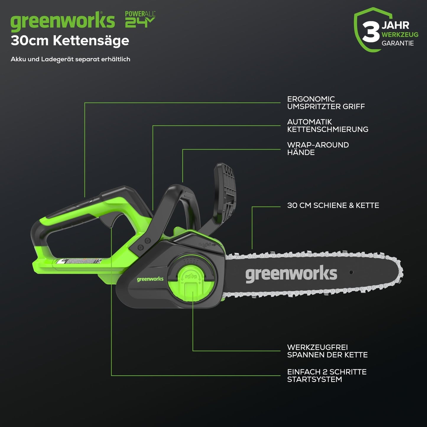 Greenworks G40CS30II Akku Kettensäge, 12 Zoll (30 cm) Blattlänge, 4,2 m/s Kettengeschwindigkeit, 2,6 kg, automatisches Öl-System OHNE 40V Akku & Ladegerät, 3 Jahre Garantie
