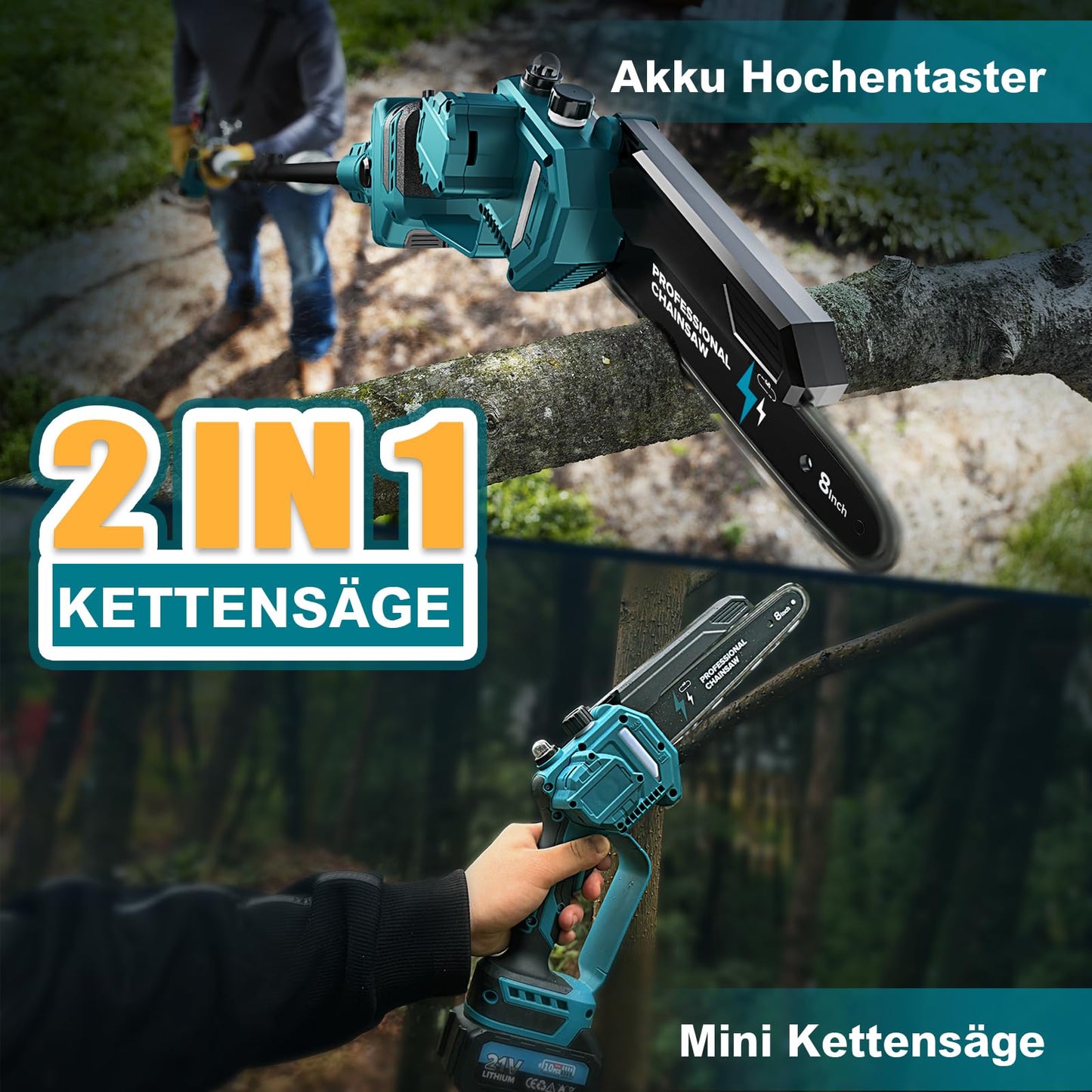 2-in-1 Mini Kettensäge 8 Zoll mit Teleskopstange, 1200W Bürstenlose Teleskop Kettensäge mit 2 Akku, 50ml Öltank, Arbeitsreichweite 4M