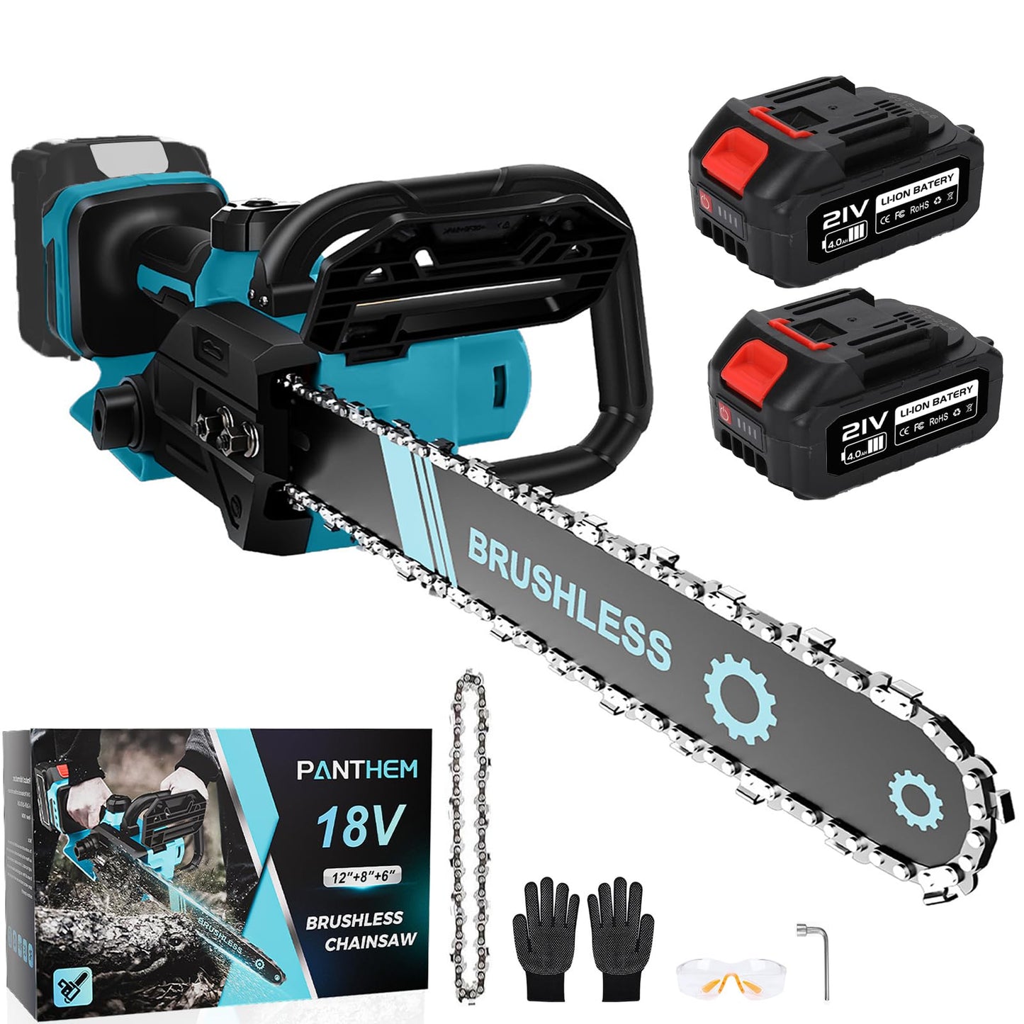 Akku Kettensäge mit 21V 4,0A akku und Ladegeräte, 1000W 12 Zoll Elektro-Kettensäge mit Sicherheitsschloss Automatischer Öler akkusäge Astsäge Elektrisch Handkettensäge für Gartenscheren Bäumen