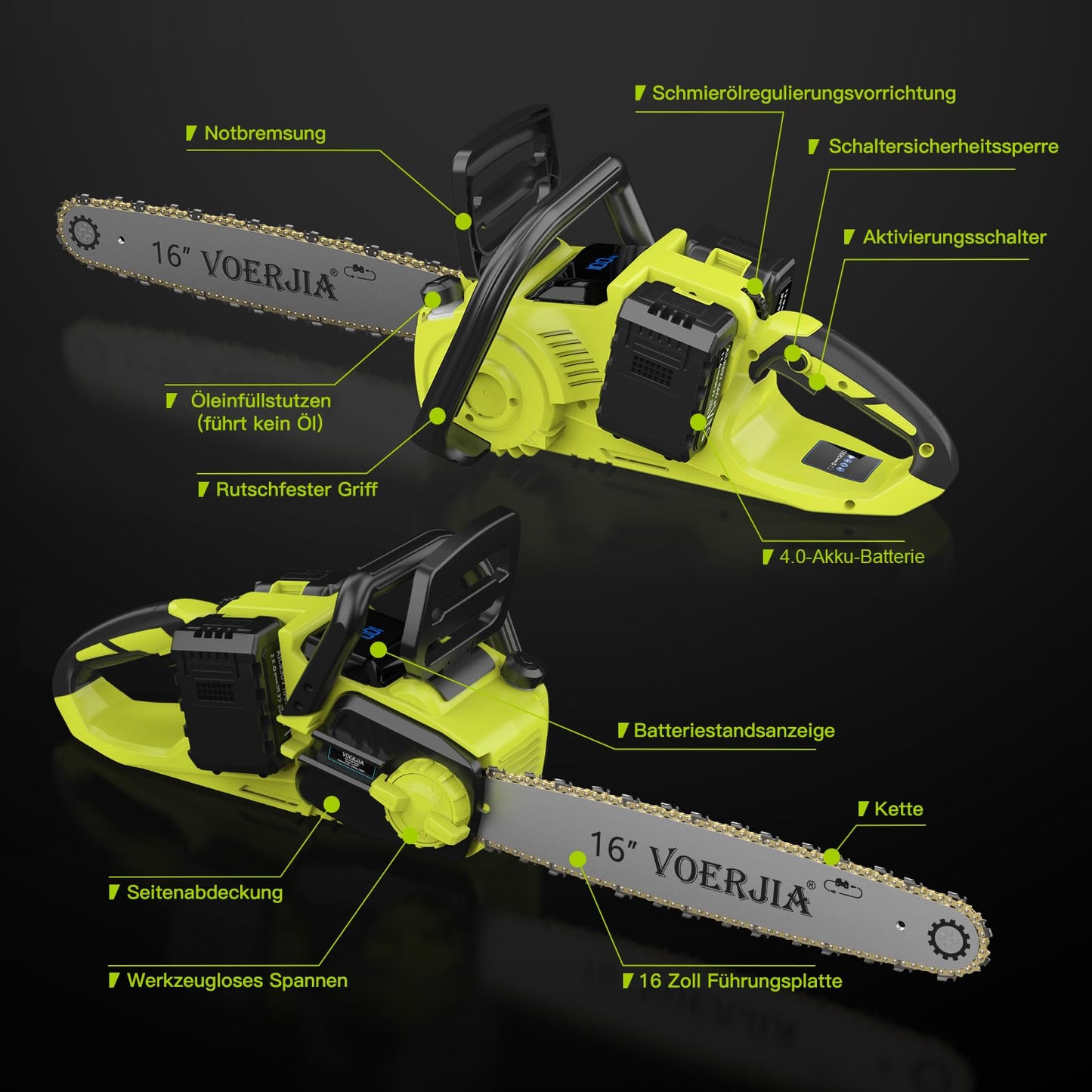 VOERJIA 16 Zoll Akku-Kettensäge, Kettensäge mit Akku, 4 * 4000 mAh Akku, 2200W Bürstenlose Kettensäges mit automatischer Kettenschmierung und Kettenbremse Zum Fällen von Baumstämmen und Bäumen