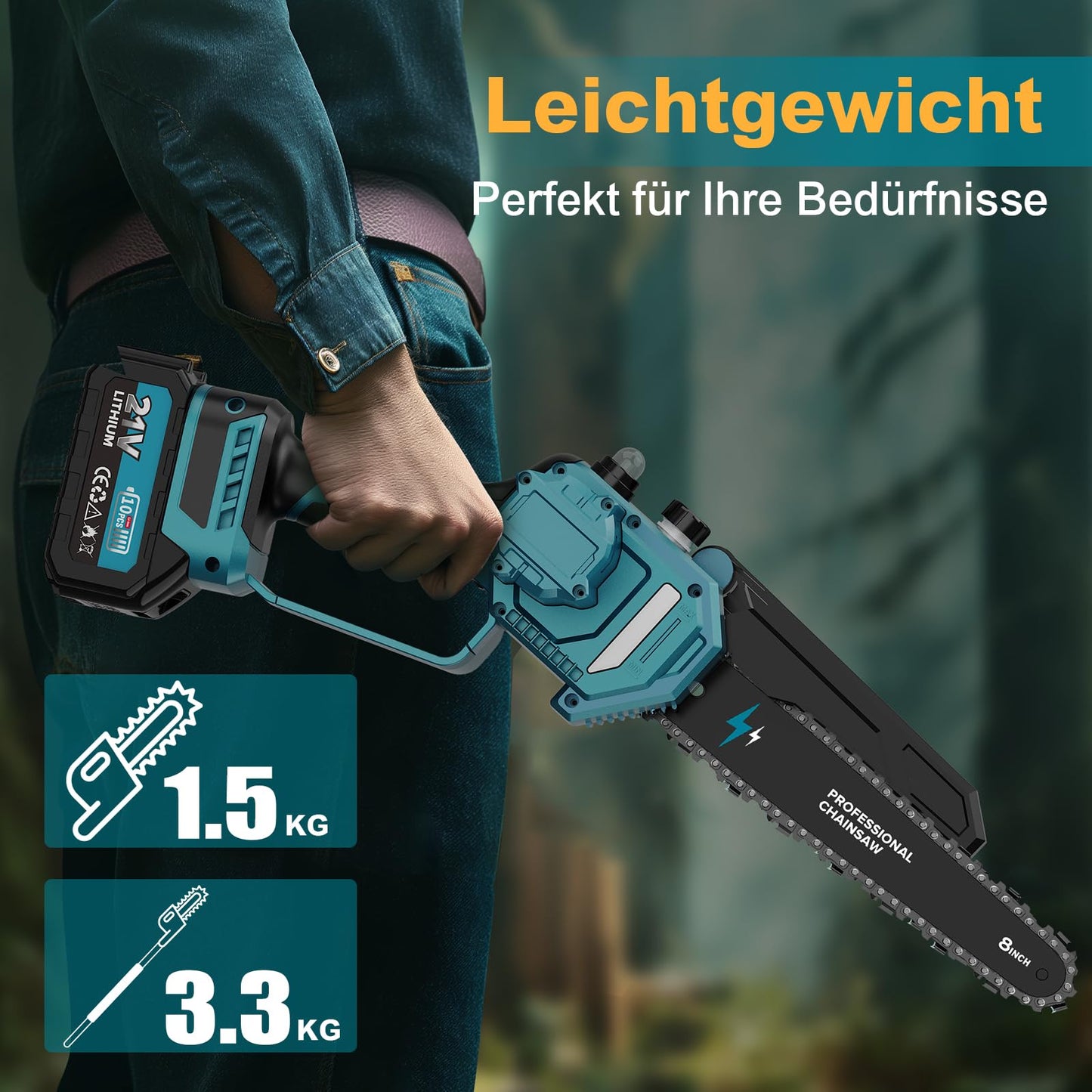 2-in-1 Mini Kettensäge 8 Zoll mit Teleskopstange, 1200W Bürstenlose Teleskop Kettensäge mit 2 Akku, 50ml Öltank, Arbeitsreichweite 4M