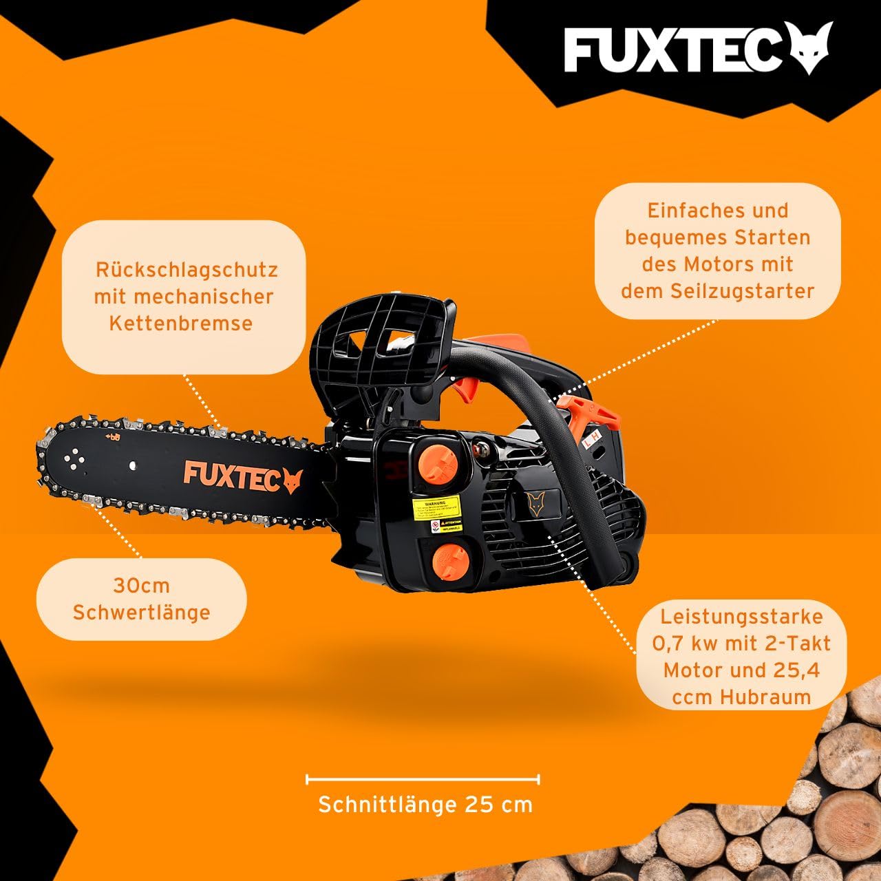 FUXTEC Benzin Baumpflegesäge FX-KS226 Kettensäge 25,4ccm – Schwertlänge 30cm – Motorsäge Top Handle/Einhandsäge