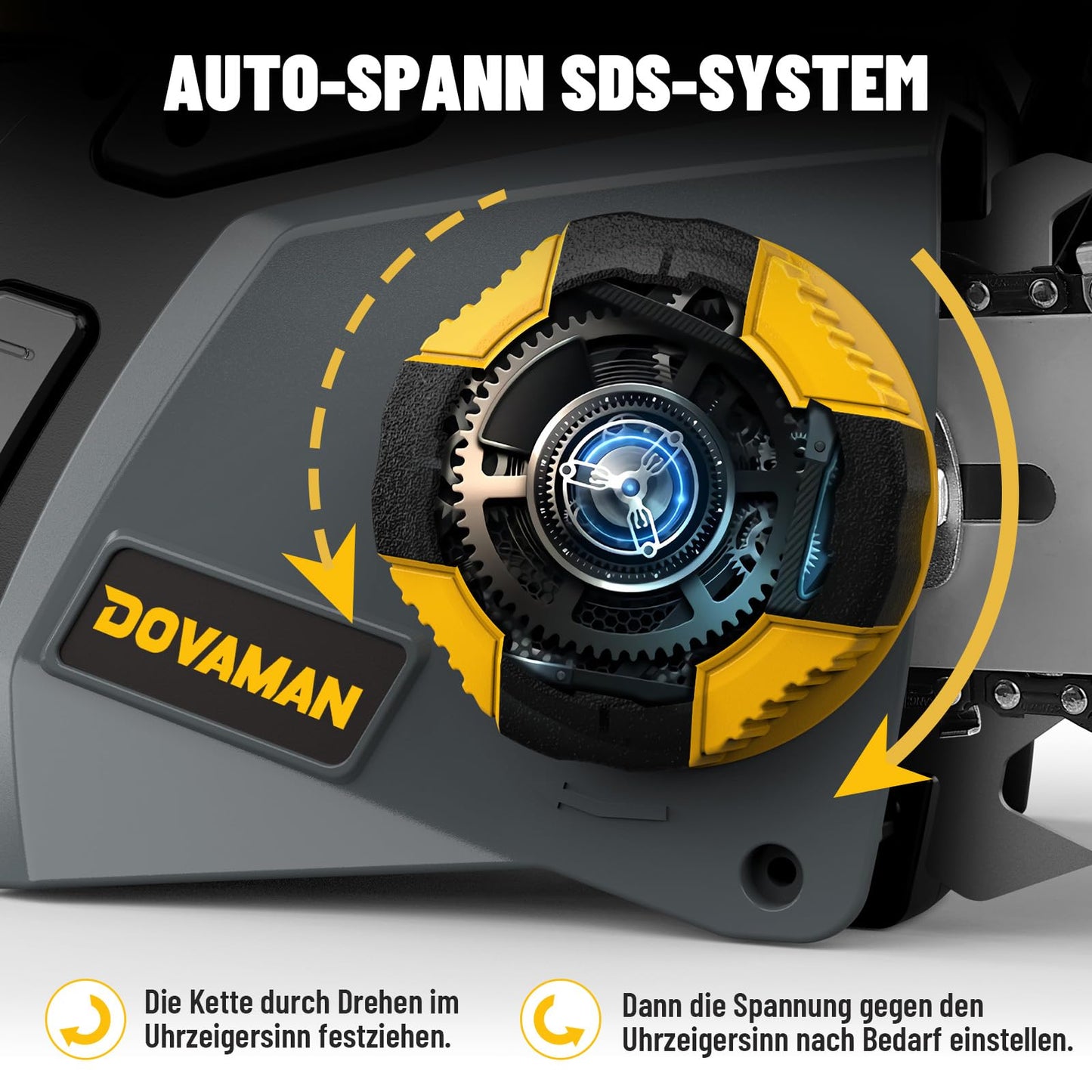 DOVAMAN 2400W Elektro Kettensäge, 40cm Oregon Schwert und Kette, werkzeuglose Kettenspannung, 15m/s, Rückschlagschutz, inkl. 2 Ketten, Kettensäge ideal für Brennholz, Garten und Baumschnitt - DCS01A