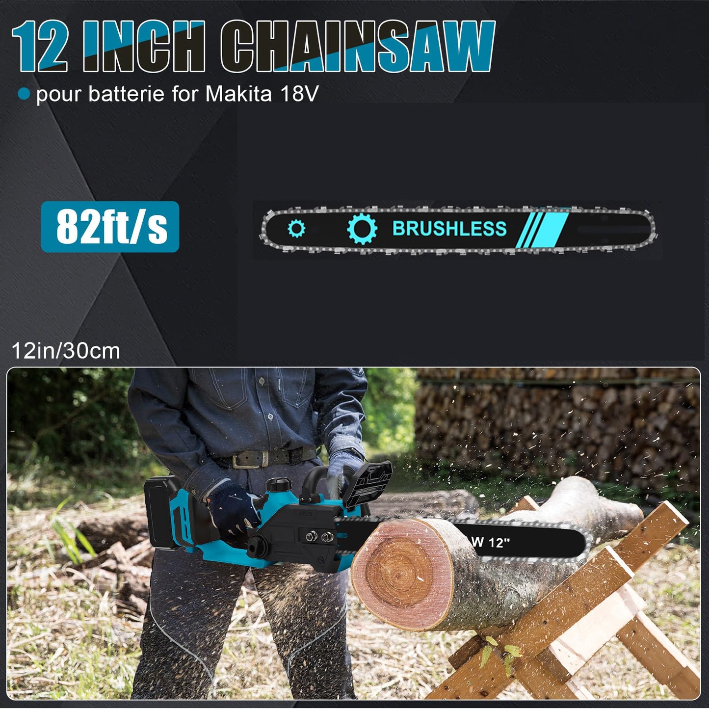 Akku Kettensäge mit 21V 4,0A akku und Ladegeräte, 1000W 12 Zoll Elektro-Kettensäge mit Sicherheitsschloss Automatischer Öler akkusäge Astsäge Elektrisch Handkettensäge für Gartenscheren Bäumen