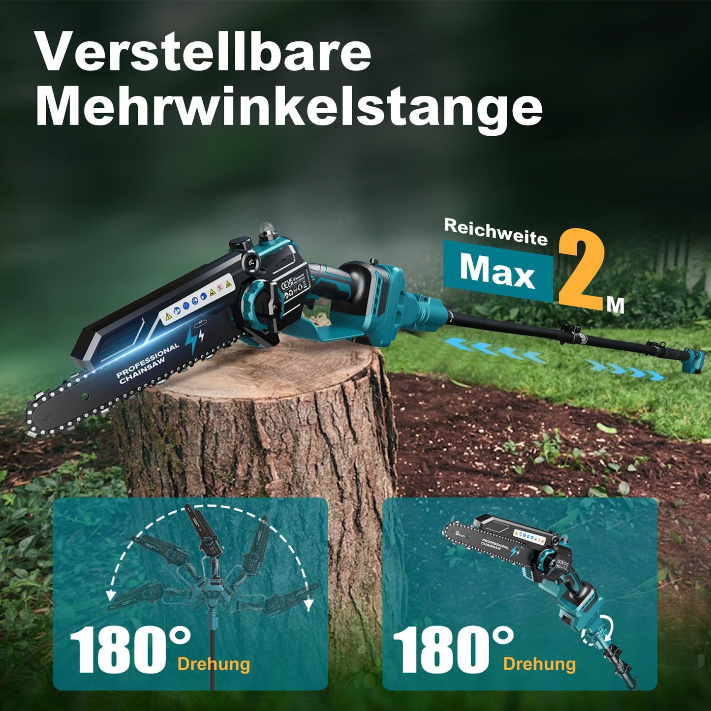 2-in-1 Mini Kettensäge 8 Zoll mit Teleskopstange, 1200W Bürstenlose Teleskop Kettensäge mit 2 Akku, 50ml Öltank, Arbeitsreichweite 4M