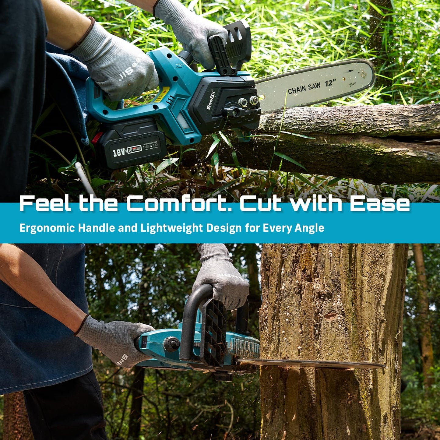 SEESII Akku Kettensäge 12 Zoll, 10000mAh Elektro Kettensäge, 1200W Bürstenloser Motor, Automatische Kettenschmierung, Werkzeuglose Kettenspannung, 30cm Schwertlänge, Ideal für Brennholz & Baum