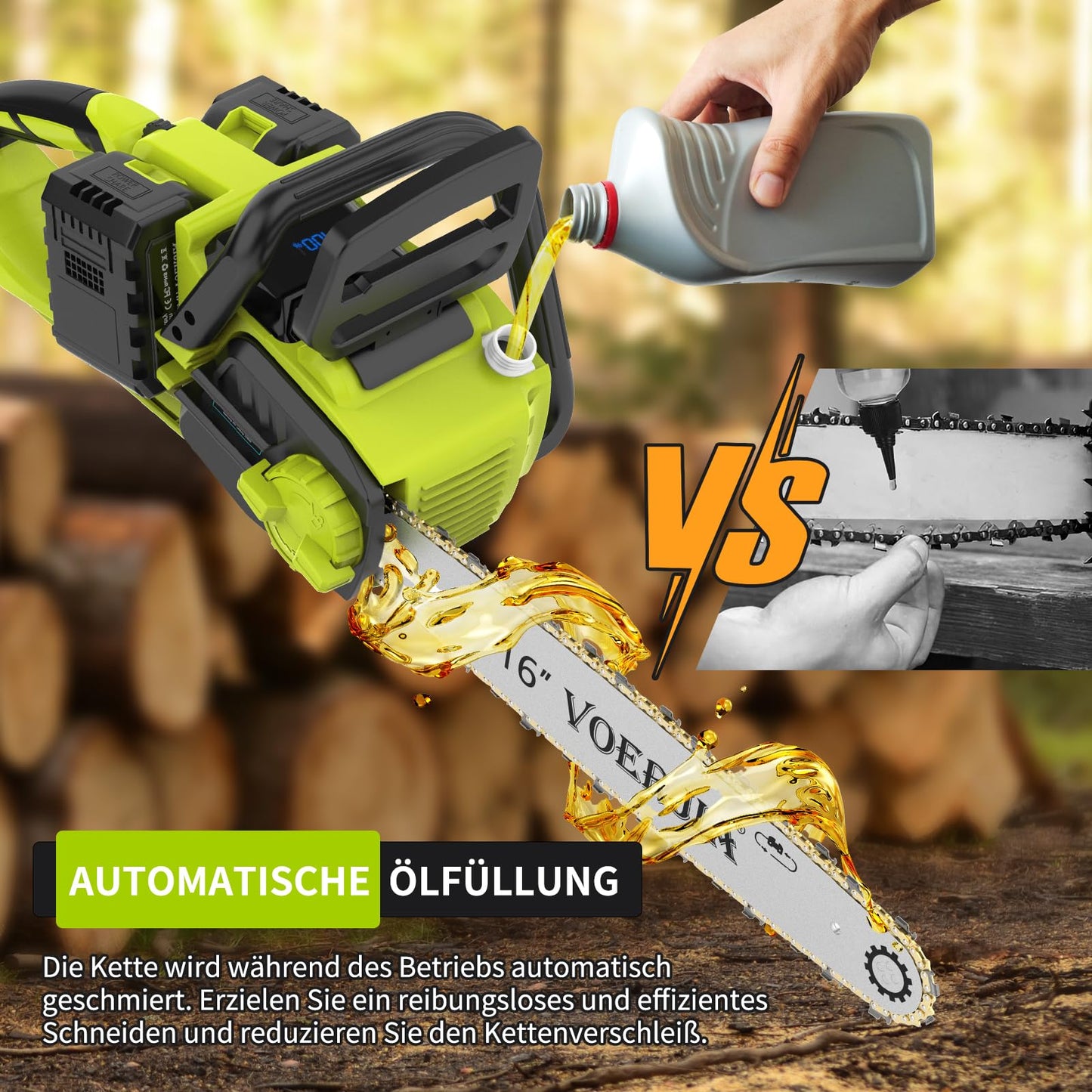 VOERJIA 16 Zoll Akku-Kettensäge, Kettensäge mit Akku, 4 * 4000 mAh Akku, 2200W Bürstenlose Kettensäges mit automatischer Kettenschmierung und Kettenbremse Zum Fällen von Baumstämmen und Bäumen