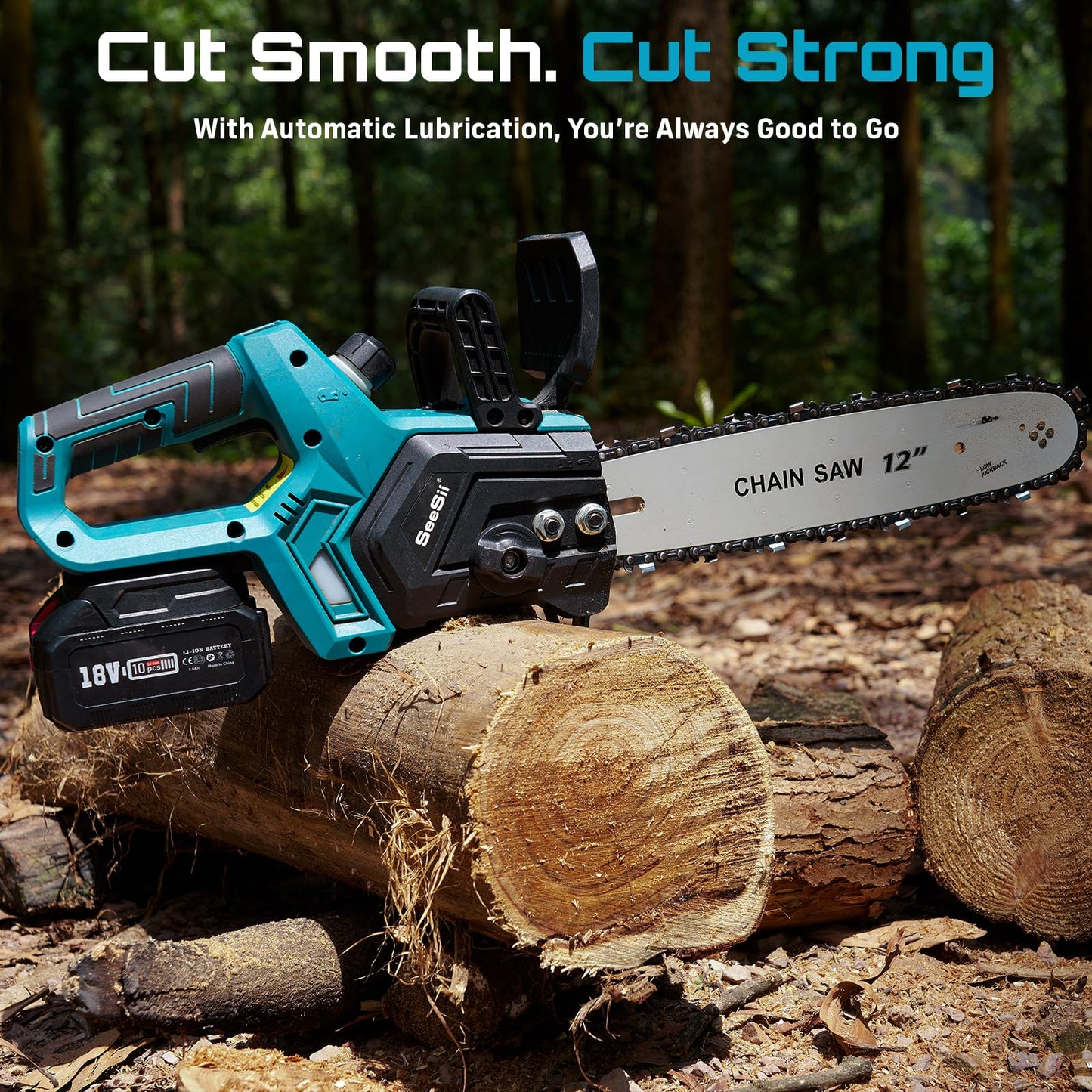 SEESII Akku Kettensäge 12 Zoll, 10000mAh Elektro Kettensäge, 1200W Bürstenloser Motor, Automatische Kettenschmierung, Werkzeuglose Kettenspannung, 30cm Schwertlänge, Ideal für Brennholz & Baum