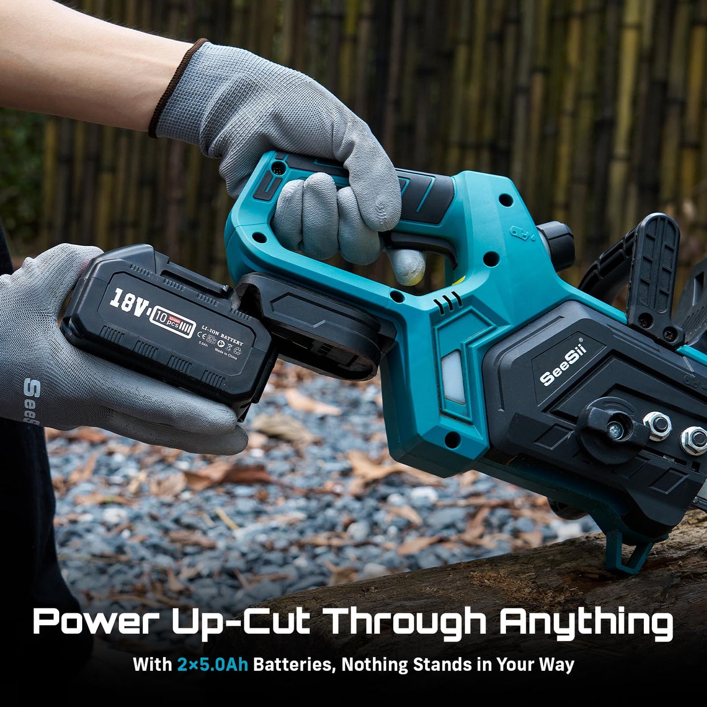 SEESII Akku Kettensäge 12 Zoll, 10000mAh Elektro Kettensäge, 1200W Bürstenloser Motor, Automatische Kettenschmierung, Werkzeuglose Kettenspannung, 30cm Schwertlänge, Ideal für Brennholz & Baum