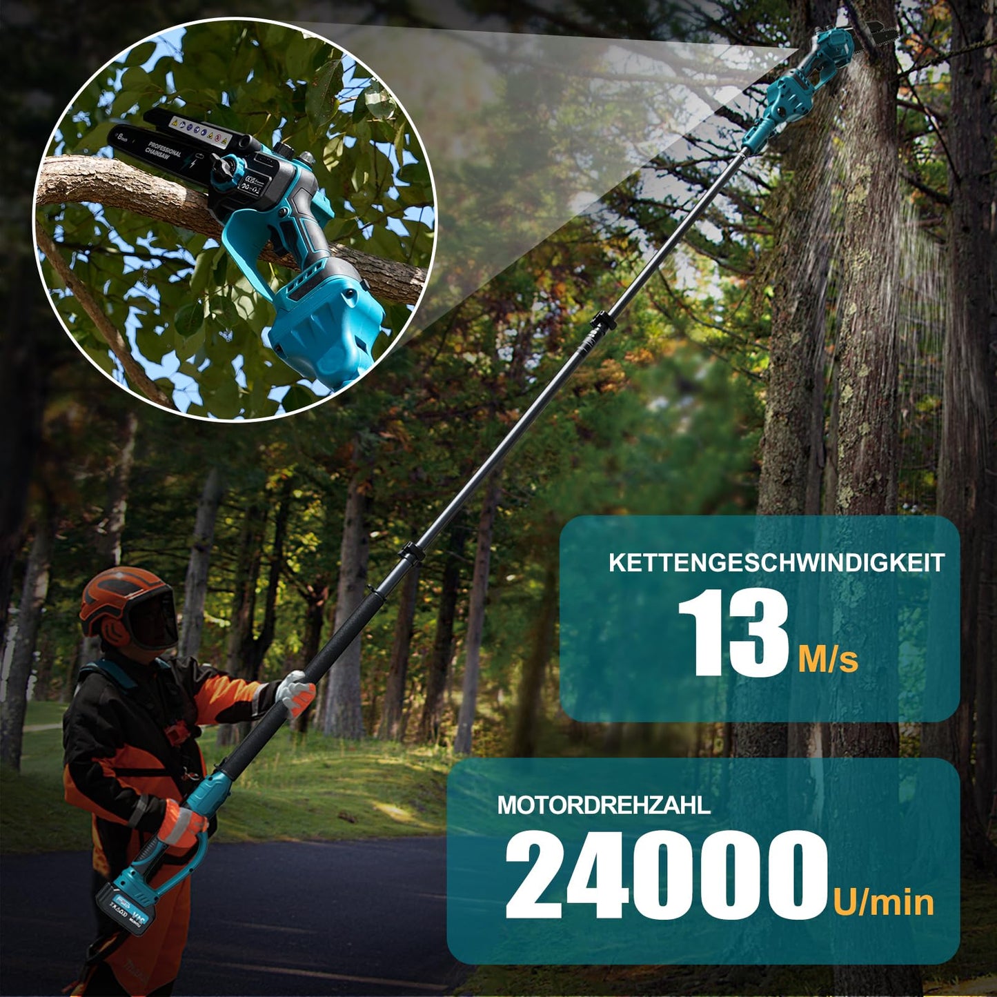 2-in-1 Mini Kettensäge 8 Zoll mit Teleskopstange, 1200W Bürstenlose Teleskop Kettensäge mit 2 Akku, 50ml Öltank, Arbeitsreichweite 4M