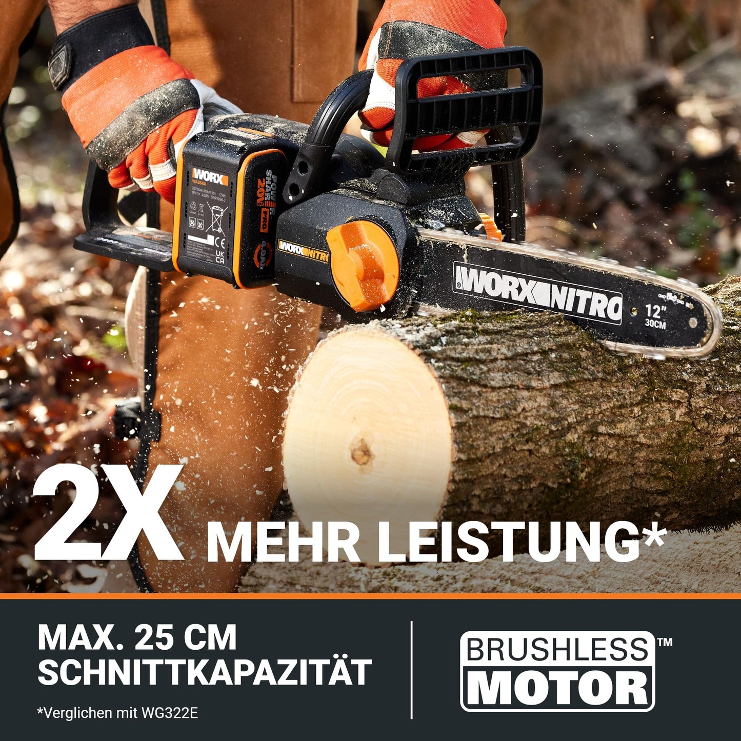 WORX WG350E.9 Nitro Profi Akku Kettensäge 20V – leistungsstarke Holzsäge – 10m/s – 30cm Schnittlänge – kompakt & sicher – automatische Schmierung – einfache Ketten-Verspannung – ohne Akku & Ladegerät